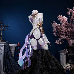 COSFUN Honkai Impact 3 Elysia cosplay jumpsuit layers purple panels over holographic sashes at the neckline.