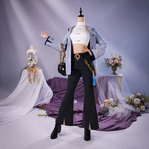 COSFUN Genshin Impact x Pizzahut Yelan cosplay costume layers light-blue blazer over black split-hem pants.