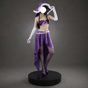 COSFUN Japanese Anime NicoRobin cosplay costume layers purple high-low skirt over patterned hat and white gloves.