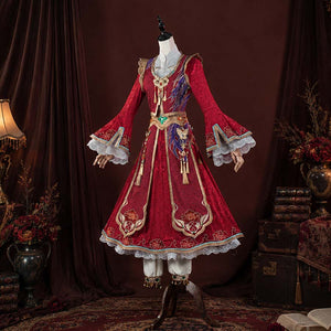 COSFUN Identity V Entomologist Konghou cosplay full set layers red brocade over cuffed pants.
