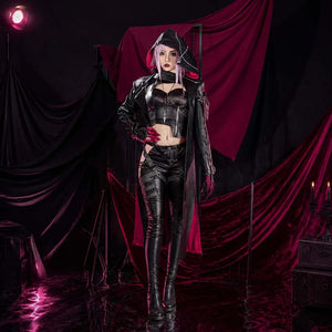 COSFUN Path to Nowhere ZOYA cosplay costume layers a crimson-lined hooded coat over a strappy top and matching pants.