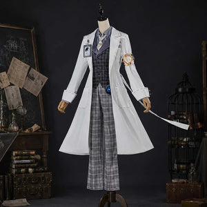 COSFUN Identity V Embalmer Gatto cosplay costume layers a blue vest over a striped shirt paired with grey plaid trousers.