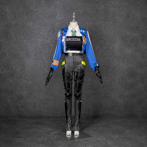 COSFUN Zenless Zone Zero Zhu Yuan cosplay costume layers blue jacket over armored leggings and gloves.