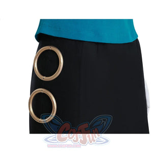 Front detail of Nami cosplay black skirt with dual gold rings and embroidered cat emblem accent