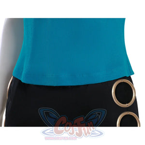 Nami cosplay black skirt detail showing decorative gold rings and orange cat emblem design