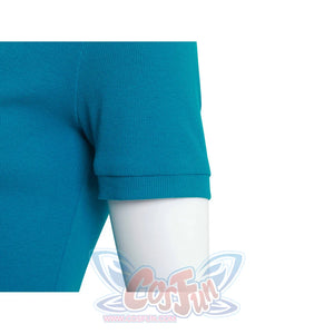 Detail view of Nami cosplay blue top sleeve with ribbed cuff and knit fabric construction