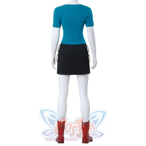 Back view of Live Action Nami cosplay costume with short sleeves, black mini skirt, and red boots