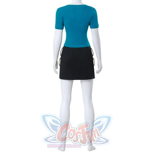 Rear barefoot view of Nami cosplay outfit displaying blue knit top and black mini skirt details