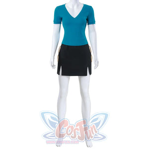 Nami cosplay costume without boots showing blue top and black skirt with side slits, barefoot display