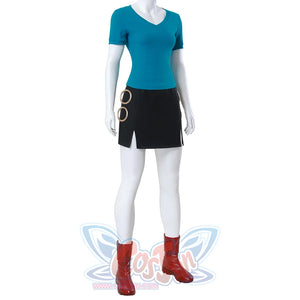 Pirate Navigator Nami cosplay outfit featuring blue top, black skirt with gold rings, and red boots