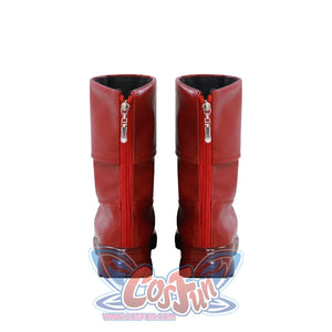 Nami cosplay red boots back view showing red zipper detail on both boots, pair displayed on white background
