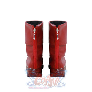 Nami cosplay red boots back view showing red zipper detail on both boots, pair displayed on white background
