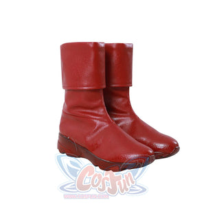 Nami cosplay red boots front view highlighting the square toe box and textured red sole, pair shown