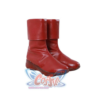Nami cosplay red boots front view highlighting the square toe box and textured red sole, pair shown