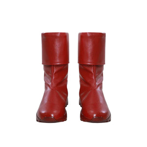 Nami cosplay red boots front view with fold-over cuffs, shown as a pair on white background