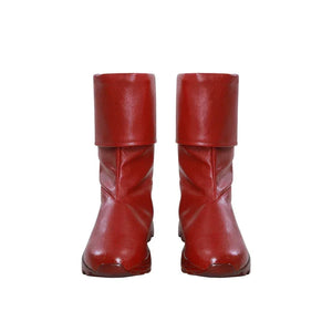 Nami cosplay red boots front view with fold-over cuffs, shown as a pair on white background