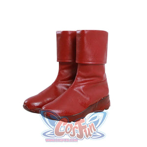 Nami cosplay red boots side angle view showing the fold-over cuff and sole detail