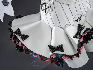 Nangong cosplay white shorts with black bow decorations and pink black ruffle trim closeup
