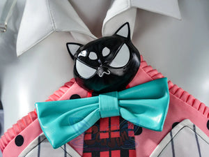 Nangong cosplay black cat collar prop with teal bow tie and pink chest piece detail closeup