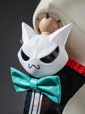 Nangong cosplay white cat mask prop with black eyes nose and teal bow tie accessory