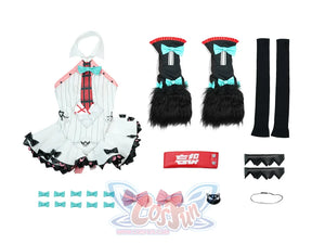 Nangong cosplay complete costume set flat lay with all pieces and accessories organized display