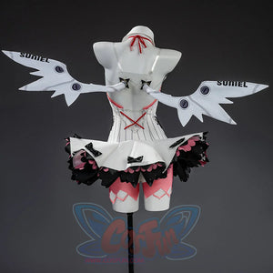 Nangong cosplay back view showing white SUNIEL wings, pink diamond skirt and black pink ruffle trim