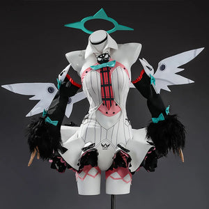 Nangong cosplay full set front view with white bodysuit, pink chest piece, black fur trim, wings and teal halo