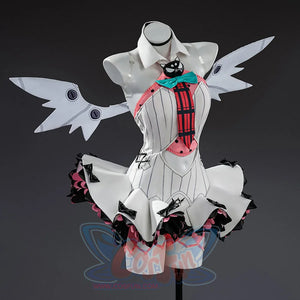 Nangong cosplay left side view displaying white bodysuit, pink chest armor, teal bow and wing accessory