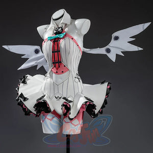 Nangong cosplay right side view featuring white bodysuit, pink chest piece, teal bow and wing details