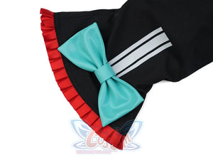 Nangong cosplay black sleeve cape with red ruffle trim teal bow and striped cuff