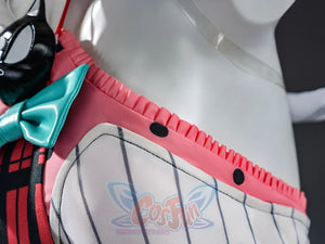 Nangong cosplay pink waistband detail with button closures and pleated construction closeup view