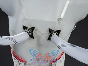 Nangong Yu cosplay arm detail with white striped sleeves, black star ornaments, and pink waist trim