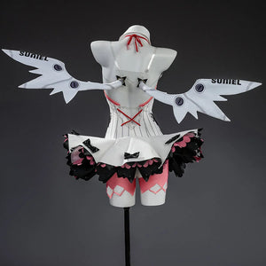 Nangong Yu cosplay wings back view with white SUNIEL wings, striped bodice, and pink ruffle skirt