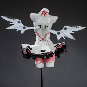 Nangong Yu cosplay wings back view with white SUNIEL wings, striped bodice, and pink ruffle skirt