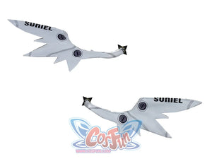 Nangong Yu cosplay wings pair showing two white SUNIEL props with circular details and black tips