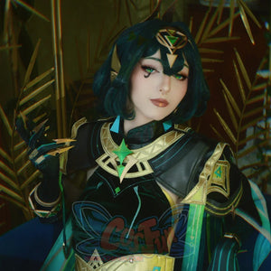 Genshin Impact Nefer cosplay costume set anchors gold collar star emblem bodice turquoise accented pauldrons.