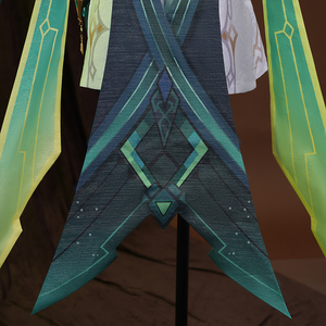 Genshin Impact Nefer Cosplay Costume back view of cloak, mainly golden green and navy colors.