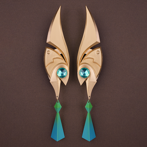 Genshin Impact Nefer Cosplay Costume prop elf ears, mainly golden and green colors.
