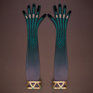 Genshin Impact Nefer Cosplay Costume black and gold gloves, showing rich decoration.