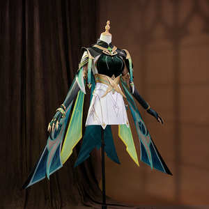 Genshin Impact Nefer Cosplay Costume, green and white outfit with rich pattern design, left side view.