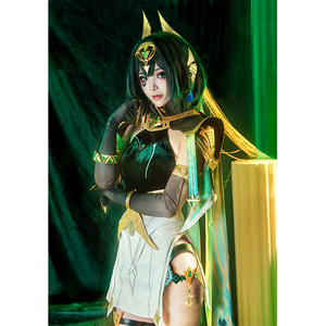 Genshin Impact Nefer Cosplay Costume, the skirt has a slit on the left side, connected by green belt.