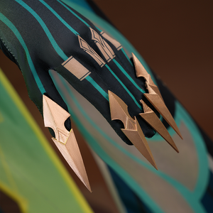 Genshin Impact Nefer Cosplay Costume close-up of sleeves, showing golden fingertips props.