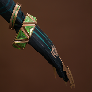 Genshin Impact Nefer Cosplay Costume close-up of sleeves, showing golden nail props and green bracelet.