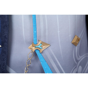 Neuvillette cosplay ribbon accessory with gold clasp, blue ribbon, and gold chain attachment detail