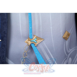 Neuvillette cosplay ribbon accessory with gold clasp, blue ribbon, and gold chain attachment detail