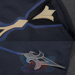 Neuvillette cosplay embroidery detail showing gold trim on hat and silver pattern on navy blue fabric