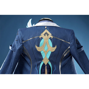 Neuvillette cosplay costume back emblem detail in gold and turquoise on navy blue coat with hat