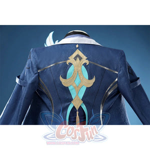 Neuvillette cosplay costume back emblem detail in gold and turquoise on navy blue coat with hat