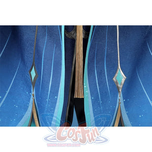 Neuvillette cosplay coat hem detail with gold tassels and diamond-shaped turquoise gem accents