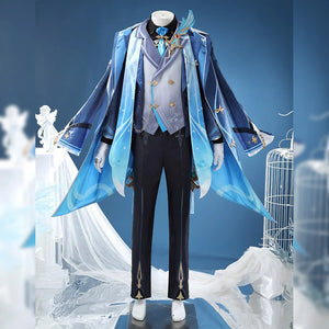 Neuvillette cosplay costume complete set with blue coat, white vest, black pants, white hat and gloves